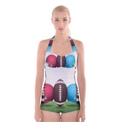 Helmet Ball Football America Sport Red Brown Blue Green Boyleg Halter Swimsuit  by Mariart