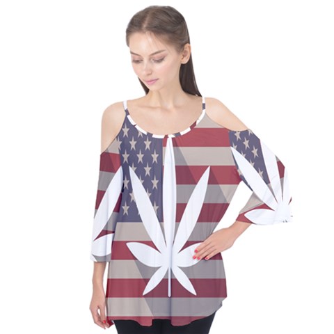 Flag American Star Blue Line White Red Marijuana Leaf Flutter Tees by Mariart