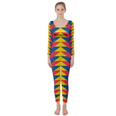 Lllustration Geometric Red Blue Yellow Chevron Wave Line Long Sleeve Catsuit by Mariart