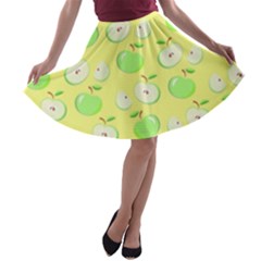 Apples Apple Pattern Vector Green A-line Skater Skirt by Nexatart