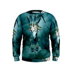 The Billy Goat  Skull With Feathers And Flowers Kids  Sweatshirt by FantasyWorld7