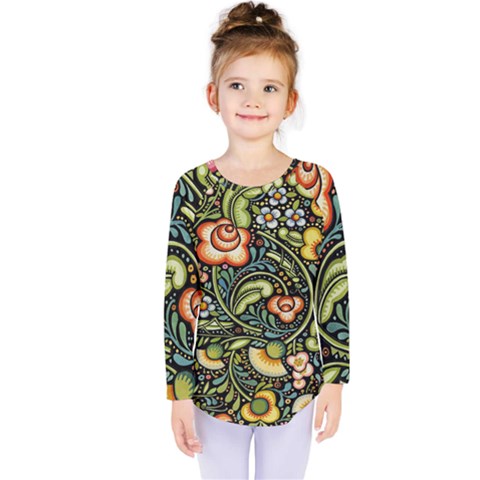 Bohemia Floral Pattern Kids  Long Sleeve Tee by BangZart