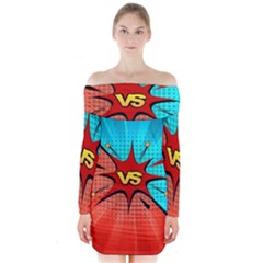 Comic Book Vs With Colorful Comic Speech Bubbles  Long Sleeve Off Shoulder Dress by LimeGreenFlamingo