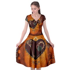 Steampunk, Heart With Gears, Dragonfly And Clocks Cap Sleeve Wrap Front Dress by FantasyWorld7