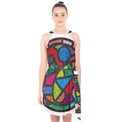 Stained Glass Color Texture Sacra Halter Collar Waist Tie Chiffon Dress by BangZart