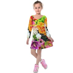 Colorful Flowers Kids  Long Sleeve Velvet Dress by BangZart