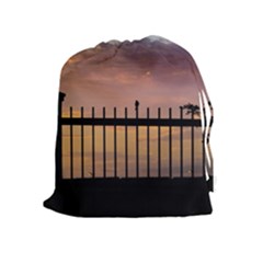 Small Bird Over Fence Backlight Sunset Scene Drawstring Pouches (extra Large) by dflcprints