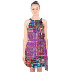 Technology Circuit Board Layout Pattern Halter Collar Waist Tie Chiffon Dress by BangZart