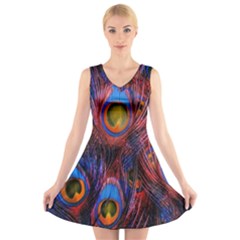 Pretty Peacock Feather V-neck Sleeveless Skater Dress by BangZart