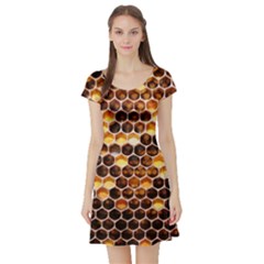 Honey Honeycomb Pattern Short Sleeve Skater Dress by BangZart