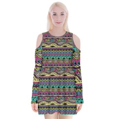 Aztec Pattern Cool Colors Velvet Long Sleeve Shoulder Cutout Dress by BangZart