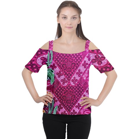 Pink Batik Cloth Fabric Cutout Shoulder Tee by BangZart