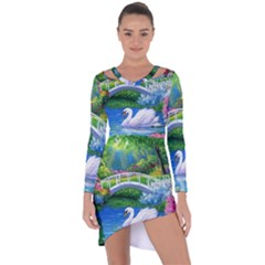 Swan Bird Spring Flowers Trees Lake Pond Landscape Original Aceo Painting Art Asymmetric Cut-out Shift Dress by BangZart