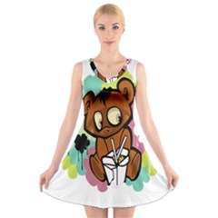 Bear Cute Baby Cartoon Chinese V-neck Sleeveless Skater Dress by Nexatart