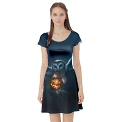 Owl And Fire Ball Short Sleeve Skater Dress by BangZart