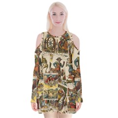 Tarot Cards Pattern Velvet Long Sleeve Shoulder Cutout Dress by Valentinaart