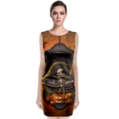 Halloween, Funny Mummy With Pumpkins Sleeveless Velvet Midi Dress by FantasyWorld7