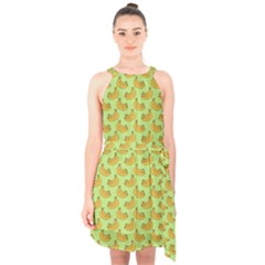Green And Yellow Banana Bunch Pattern Halter Collar Waist Tie Chiffon Dress by NorthernWhimsy