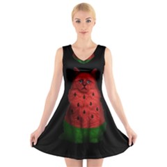 Watermelon Cat V-neck Sleeveless Skater Dress by Valentinaart