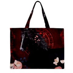 Awesmoe Black Horse With Flowers On Red Background Zipper Mini Tote Bag by FantasyWorld7