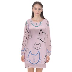 Cat Pattern Face Smile Cute Animals Beauty Long Sleeve Chiffon Shift Dress  by Mariart