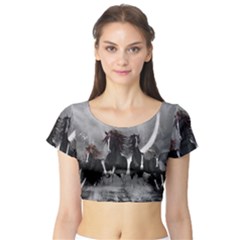 Awesome Wild Black Horses Running In The Night Short Sleeve Crop Top by FantasyWorld7