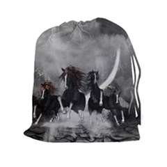 Awesome Wild Black Horses Running In The Night Drawstring Pouches (xxl) by FantasyWorld7