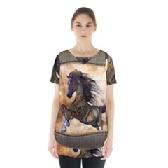 Steampunk, Wonderful Steampunk Horse With Clocks And Gears, Golden Design Skirt Hem Sports Top by FantasyWorld7