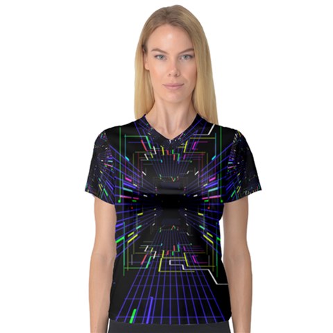 Seamless 3d Animation Digital Futuristic Tunnel Path Color Changing Geometric Electrical Line Zoomin V-neck Sport Mesh Tee by Mariart