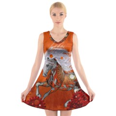 Steampunk, Wonderful Wild Steampunk Horse V-neck Sleeveless Skater Dress by FantasyWorld7