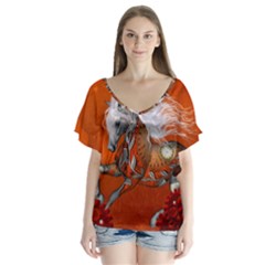 Steampunk, Wonderful Wild Steampunk Horse V-neck Flutter Sleeve Top by FantasyWorld7