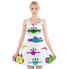 Fish Swim Cartoon Funny Cute V-neck Sleeveless Skater Dress by Nexatart