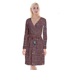 Hippy Boho Chestnut Warped Pattern Long Sleeve Velvet Front Wrap Dress by KirstenStar