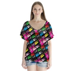 Pattern Colorfulcassettes Icreate V-neck Flutter Sleeve Top by iCreate