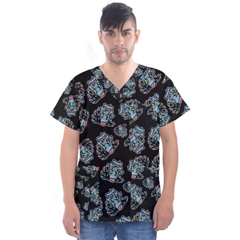 Pattern Halloween Zombies Brains Men s V-neck Scrub Top by iCreate