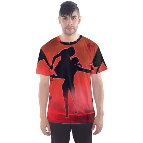 Dancing Couple On Red Background With Flowers And Hearts Men s Sports Mesh Tee by FantasyWorld7