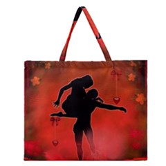 Dancing Couple On Red Background With Flowers And Hearts Zipper Large Tote Bag by FantasyWorld7