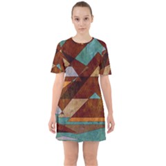 Turquoise And Bronze Triangle Design With Copper Sixties Short Sleeve Mini Dress by digitaldivadesigns