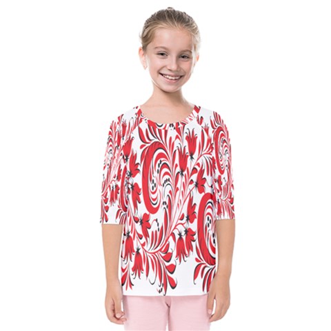 Red Flower Floral Leaf Kids  Quarter Sleeve Raglan Tee by Mariart