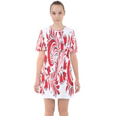 Red Flower Floral Leaf Sixties Short Sleeve Mini Dress by Mariart