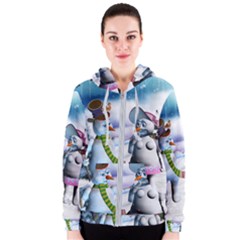 Funny, Cute Snowman And Snow Women In A Winter Landscape Women s Zipper Hoodie by FantasyWorld7