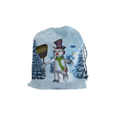 Funny Grimly Snowman In A Winter Landscape Drawstring Pouches (medium)  by FantasyWorld7