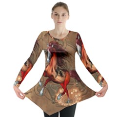 Awesome Horse  With Skull In Red Colors Long Sleeve Tunic  by FantasyWorld7