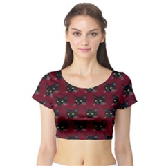 Face Cat Animals Red Short Sleeve Crop Top by Mariart