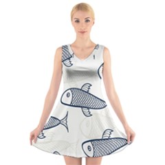 Fish Graphic Flooring Blue Seaworld Swim Water V-neck Sleeveless Skater Dress by Mariart