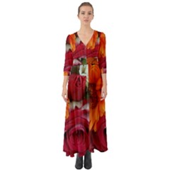 Floral Photography Orange Red Rose Daisy Elegant Flowers Bouquet Button Up Boho Maxi Dress by yoursparklingshop