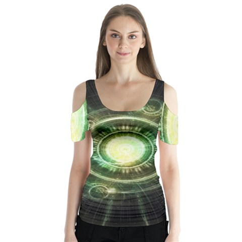 Green Chaos Clock, Steampunk Alchemy Fractal Mandala Butterfly Sleeve Cutout Tee  by jayaprime