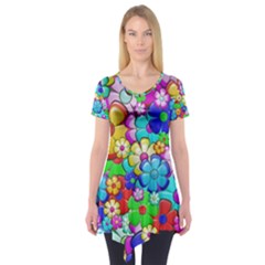 Flowers Ornament Decoration Short Sleeve Tunic  by Celenk