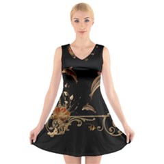 Wonderful Dolphins And Flowers, Golden Colors V-neck Sleeveless Skater Dress by FantasyWorld7