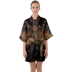 The Sign Ying And Yang With Floral Elements Quarter Sleeve Kimono Robe by FantasyWorld7